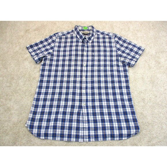 Barbour Shirt Mens Large Blue White Plaid Cotton Short Sleeve Casual Button Up - Picture 1 of 12